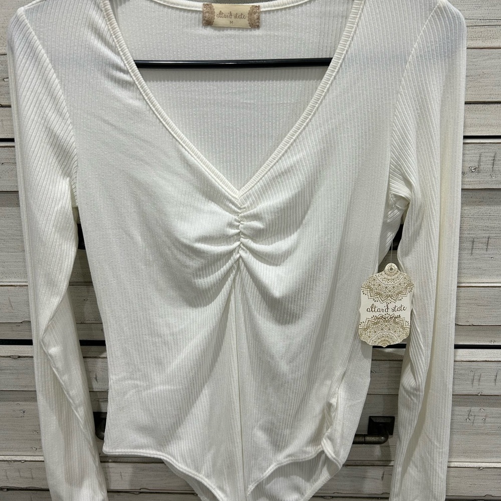 Altar'd State Ivory Ribbed V-Neck Bodysuit